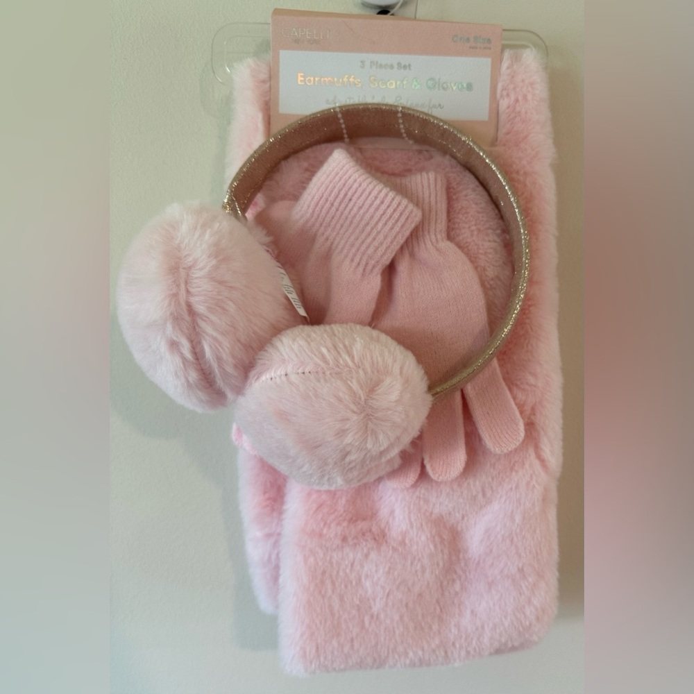 Capelli of New York Girls Pink 3 Piece Set Earmuffs/Scarf/Gloves NWT One…